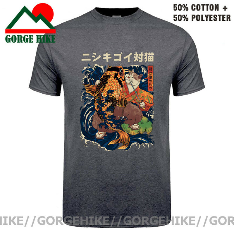 Camiseta Vintage The Cat And The Koi para hombre, ropa de calle de algodón puro de manga corta, camiseta estampada, camisetas de Samurai japonés