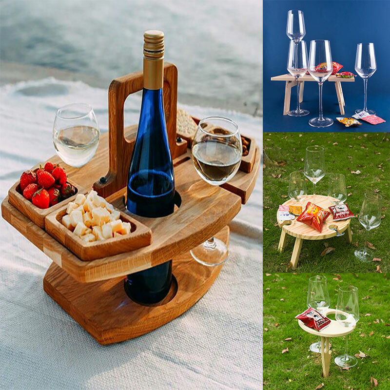 Draagbare Houten Picknicktafel Handvat Outdoor Opvouwbare Wijn Tafel Verwijderbare Wijnglas Houder Klaptafel Fruit Snack Tray