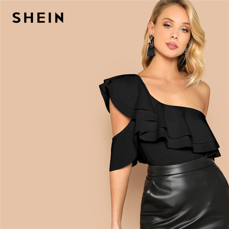SHEIN Sexy Layered Ruffle One Shoulder Mid Waist Skinny Backless Bodysuit Women Summer Short Sleeve Solid Club Bodysuits