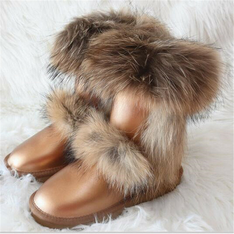 عالية الجودة 2022 عدم الانزلاق كبير الثعلب الفراء امرأة الشتاء حذاء الثلوج أحذية نسائية جلد البقر الحقيقي منتصف العجل المرأة حذاء الثلوج s