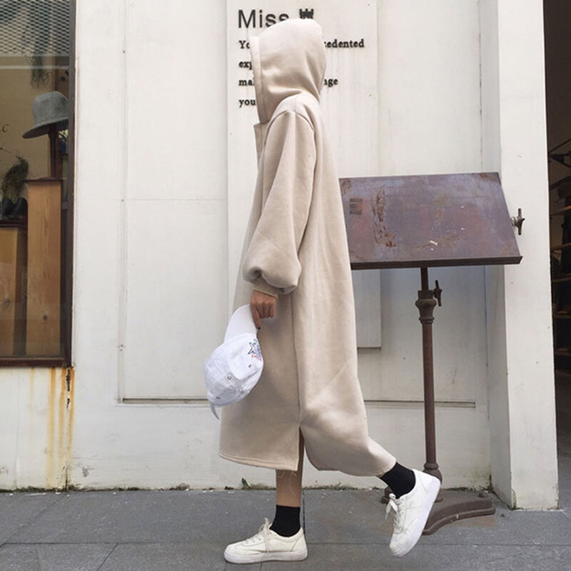 Hoodie Wanita Longgar Panjang Musim Semi Musim Gugur Pulover Korea Bulu Tebal Kasual Longgar Maxi Panjang Hoodie Kaus Hitam Besar