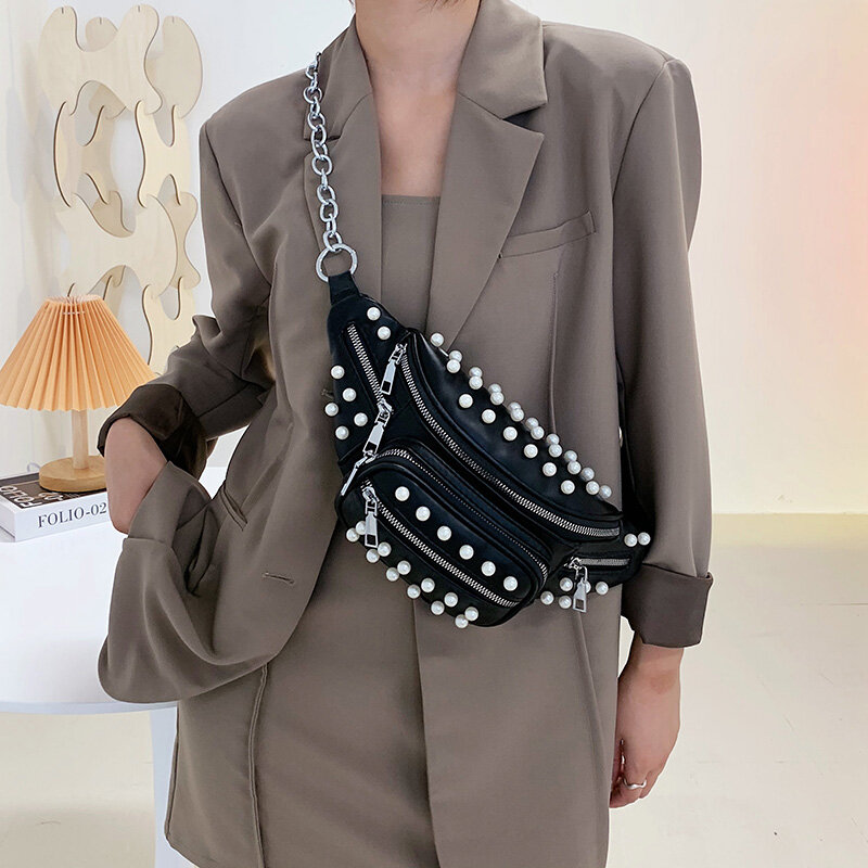Crossbody Shoulder Waist Bags for Women 2021 New High Quality Pearl Chain Summer Female Designer Solid Color Handbag Bolsa