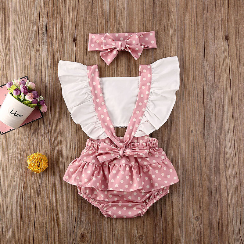 Bebê da criança menina bodysuits bandana 2 pçs polka dot impressão babados manga curta playsuit outfits conjunto 0-24m