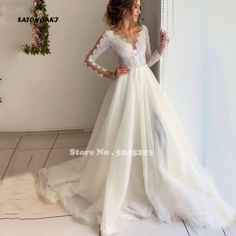 Vestido De Novia 2021 A-Line ชุดแต่งงาน V คอยาวแขนลูกไม้เจ้าหญิงชุดเจ้าสาวเข็มขัดทำจาก Robe mariage