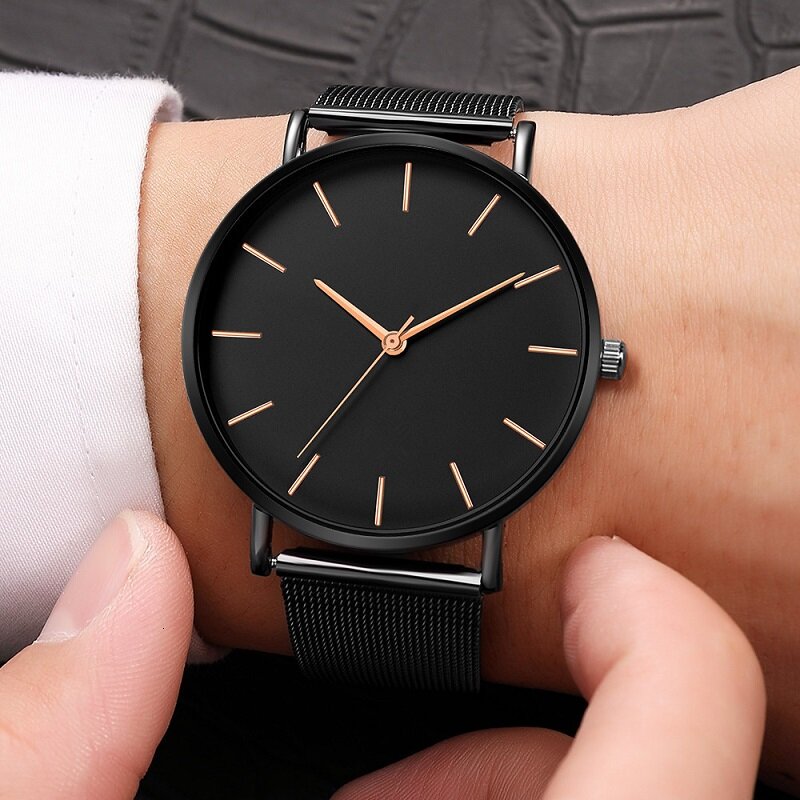Relógio masculino luxuoso de malha ultrafina, aço inoxidável, preto, pulseira, relógios de pulso para homens