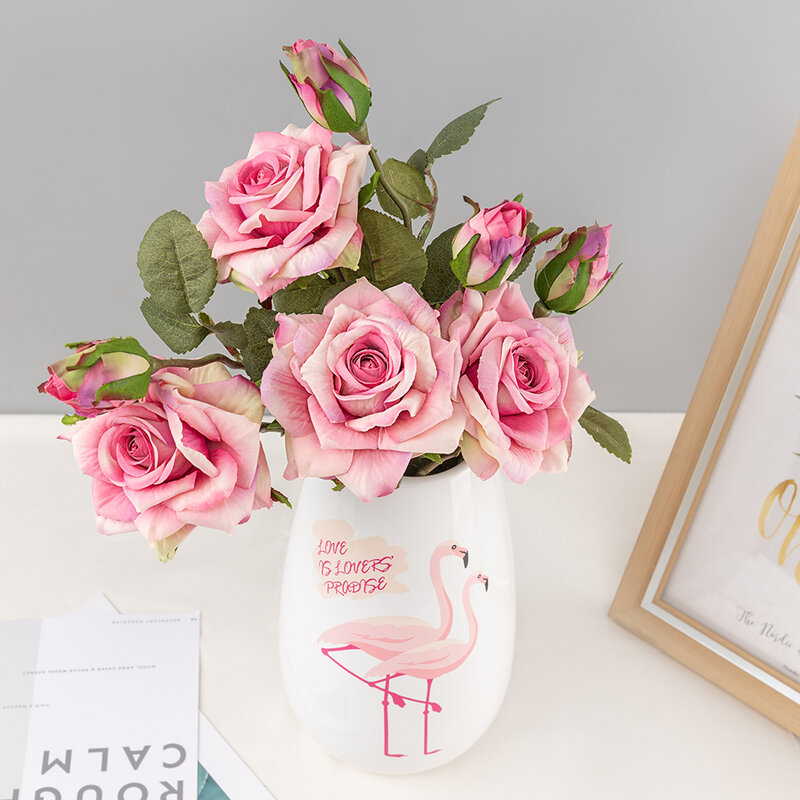 Flores artificiales de seda rosa para decoración del hogar, rama de flores falsas grandes de Estilo Vintage para decoración de boda, sala de estar y Navidad