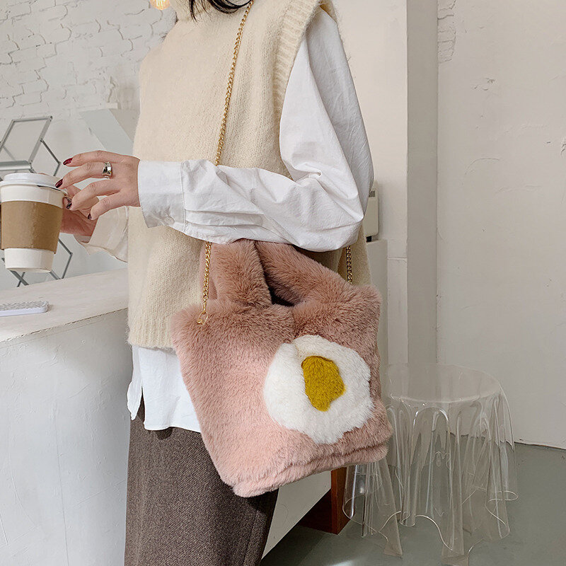 ฤดูหนาว Plush ขนาดใหญ่กระเป๋าผู้หญิง2021ใหม่กระเป๋าถือแฟชั่นไข่พิมพ์ Faux Fur Casual Tote กระเป๋านักช้อปสุภ...
