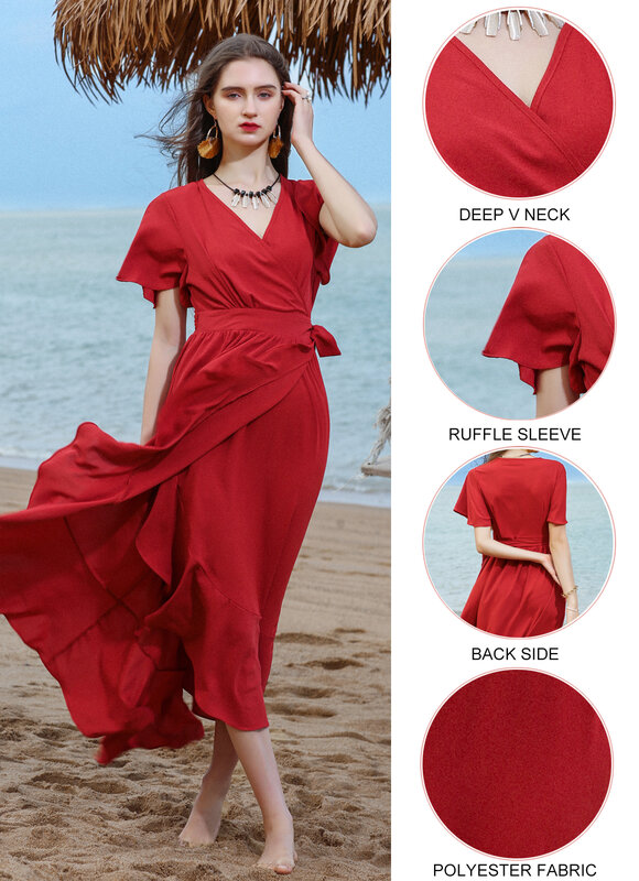 CGYY-Vestidos largos de satén para mujer, ropa de playa con cuello de pico, color rojo liso, Vintage, con cinturón, 2021