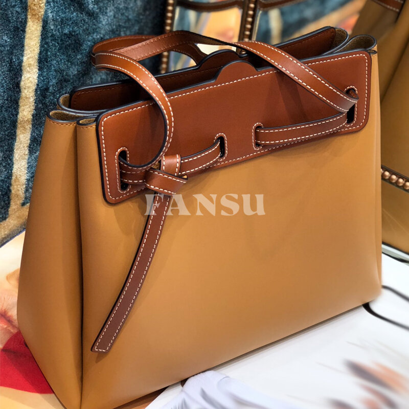 FANSU Bucket Drawcord Single Shoulder Diagonal Women Bag Leather Minimalist Retro Daily Commuting Fashion Style Large Capacity