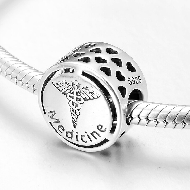Signo de símbolo de Medicina de plata esterlina 925, accesorios de cuentas redondas compatibles con pulsera de abalorios LYNACCS originales, fabricación de joyas de plata 925