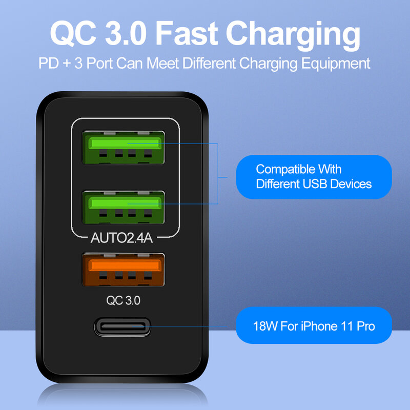 3 Prot Sạc Nhanh PD 20W Quick Charge 4.0 3.0 USB Sạc Di Động Điện Thoại Thông Minh Cho iPhone 12 11 XS Samsung Xiaomi