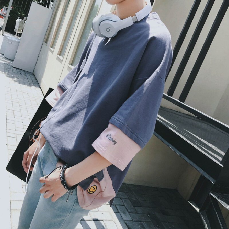 Camisa masculina de manga comprida e solta, camisa básica casual de sete pontos com manga para primavera