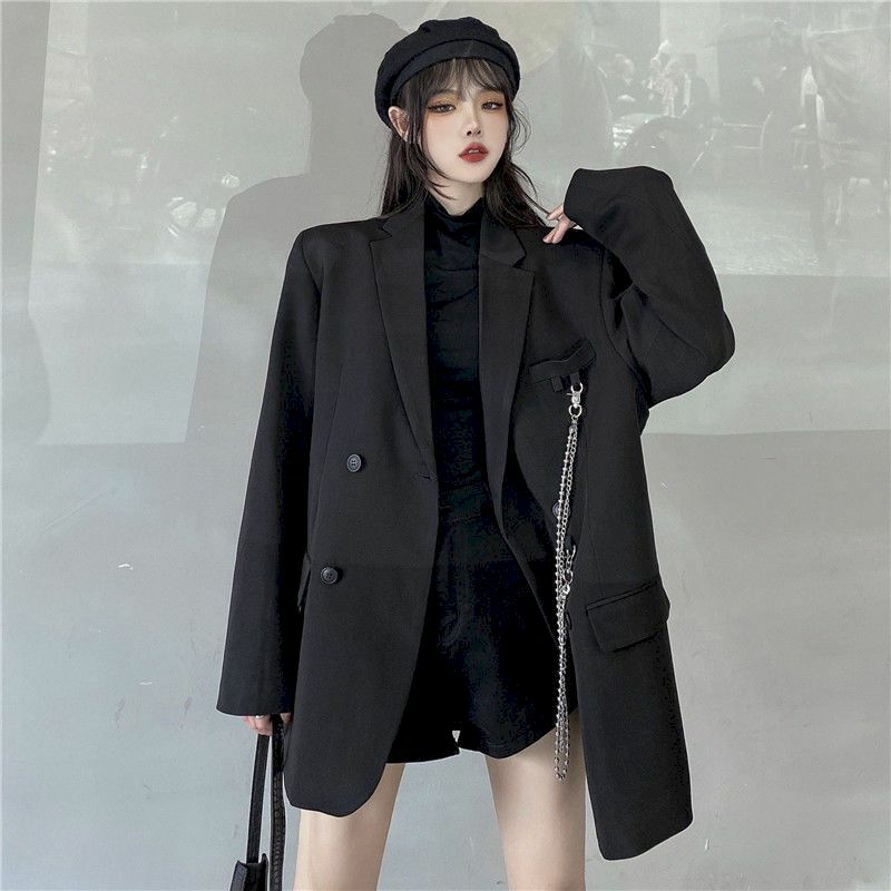 Veste de costume pour femmes, style rétro, ample et fin, frits, tendance, noir foncé, nouvelle collection printemps automne 2021