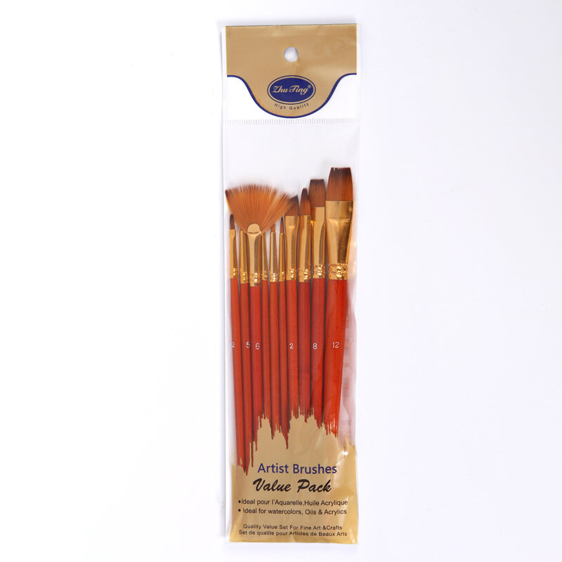 10Pcs Watercolor Paint Brushes Set Point/Flat/Fan-shape Tip Oil Acrylic Brush Pen Set Professional Art Supplies