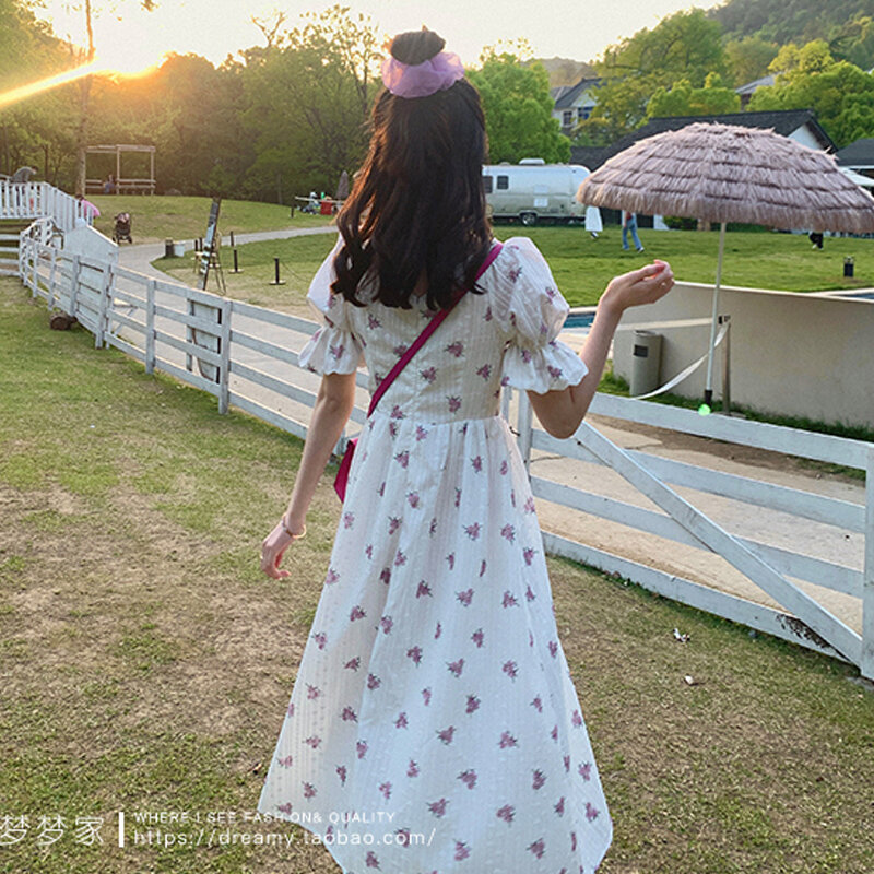 2021 letnia słodka elegancka sukienka wróżki dla kobiet bufiasty krótki rękaw sukienka kwiatowa koreański urząd Lady Beach Casual Midi Dress Party