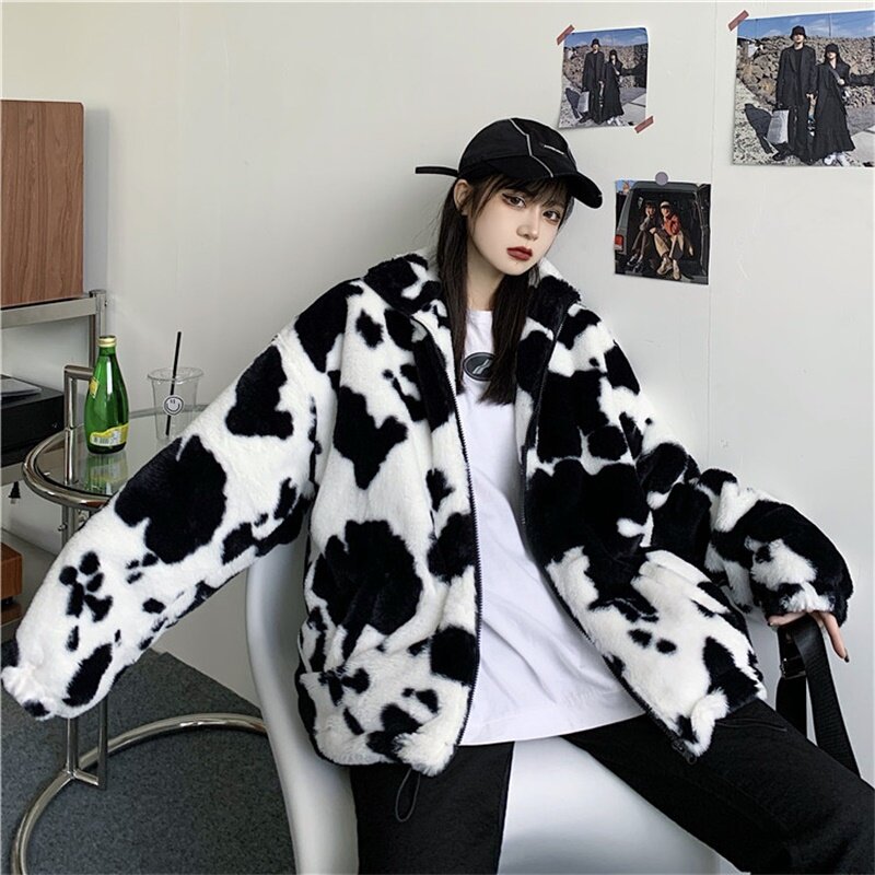 معطف أنيق شتوي كوري جديد Harajuku الأبقار طباعة فضفاضة كاملة الأكمام سترة جلدية Flannel الفانيلا الدفء ملابس قطنية