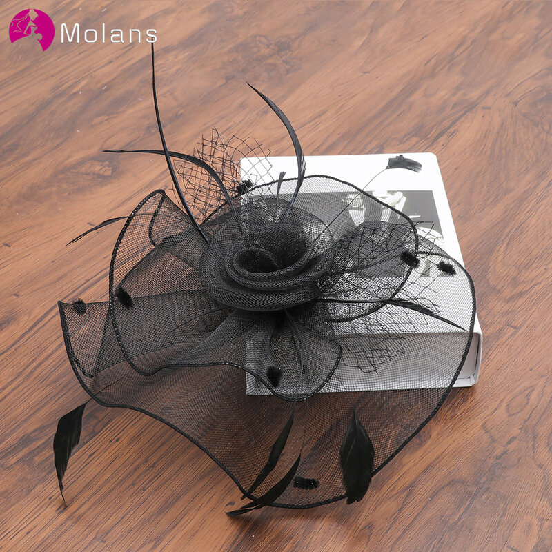 Molans 2020 New Elegant Feather Headband Black White Color Flower Hair Hoop for Bridal Wedding Retro Mesh Hair Accessories