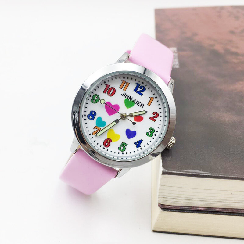 Moda quente crianças relógios para meninas crianças relógio de quartzo analógico pulseira de couro do plutônio colorido coração bonito estudantes relógio presente novo