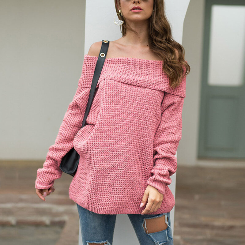Sweater Women Autumn Winter Long Sleeve Slash Neck Solid Pullover Sweater Fashion Loose knitted Sweaters Jumper Tops Pull Femme