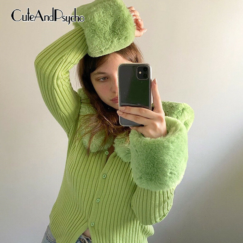 Cuteandpsycho – Cardigans en tricot à simple boutonnage pour Femme, couleur unie, décontracté, Vintage, élégant, col en fourrure, Top Femme