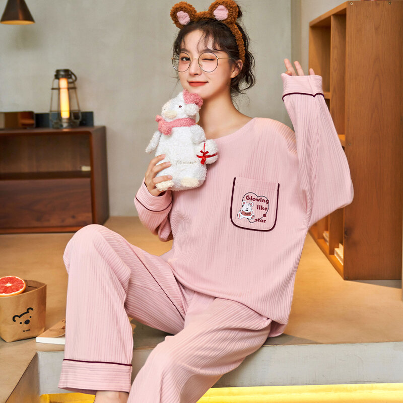 Pj Bộ Cho Nữ Cotton Đồ Ngủ Thu Xuân Nữ Ngủ Loungewear Người Phụ Nữ Tay Dài Đồ Ngủ Bộ Hoạt Hình Pyjamas Thời Trang
