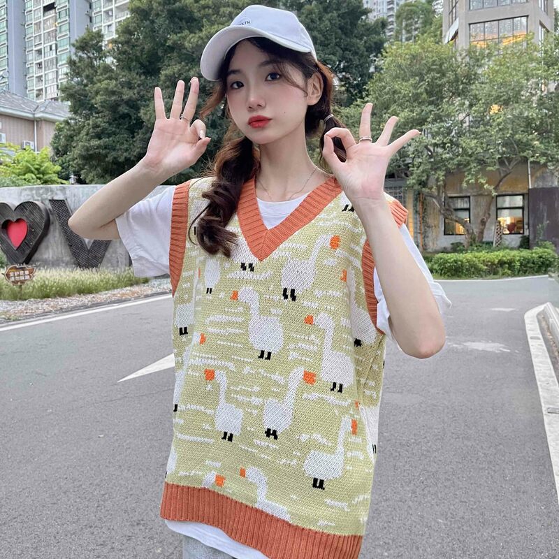 Flut Harajuku Winter Frauen Pullover Weste Chic Cartoon DuckJacquard Gestrickte Sleeveless V-ausschnitt Süße Pullover Mädchen Pullover Ins