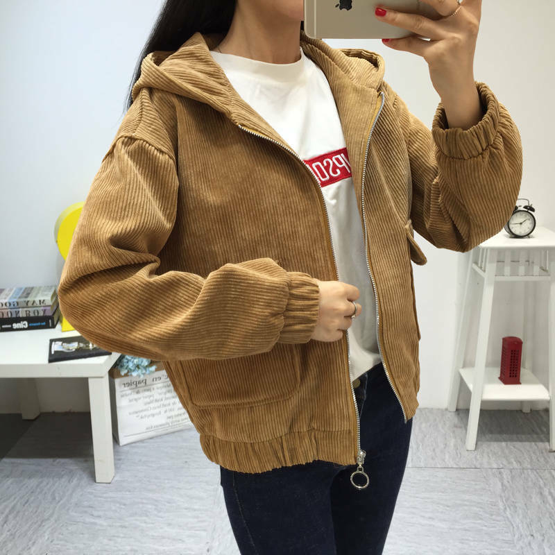 Chaqueta de manga larga con cuello vuelto para mujer, abrigo de pana marrón, ropa de calle, novedad de 2019