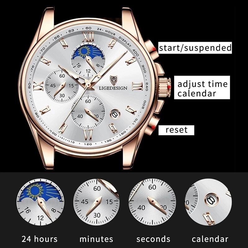 Часы наручные LIGE Мужские кварцевые, Брендовые повседневные спортивные водонепроницаемые с календарем и кожаным ремешком, с хронографом
