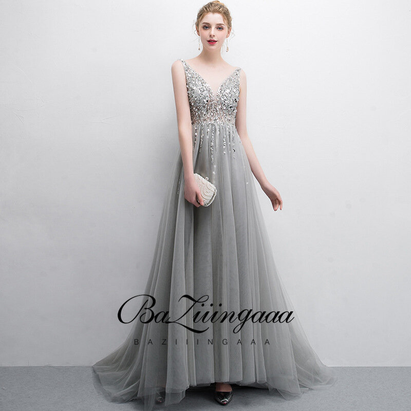 Light Gray Prom Dresses Long 2021 V Neck Beading High Split Tulle Sweep Train Sleeveless Evening Gown A-Line Backless Vestido De