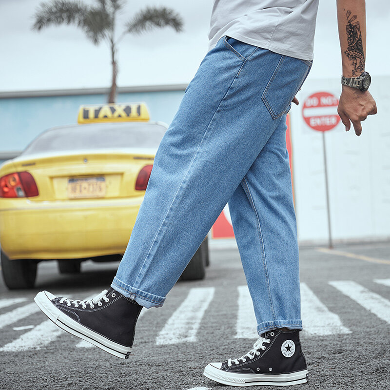 Джинсы мужские прямые свободного покроя, повседневные брюки из денима, мешковатые штаны в стиле Хай-стрит, хип-хоп, однотонные Стрейчевые брюки, большие размеры 28-48