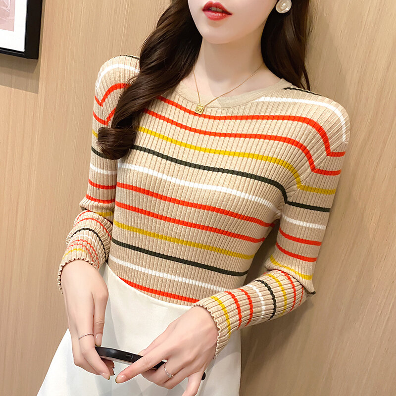 New Women Rainbow Stripe Sweater Autumn Slim Long Sleeve Pullover Tops Korean Ladies Knitted Elegaht Sweaters Woman Jumper Mujer