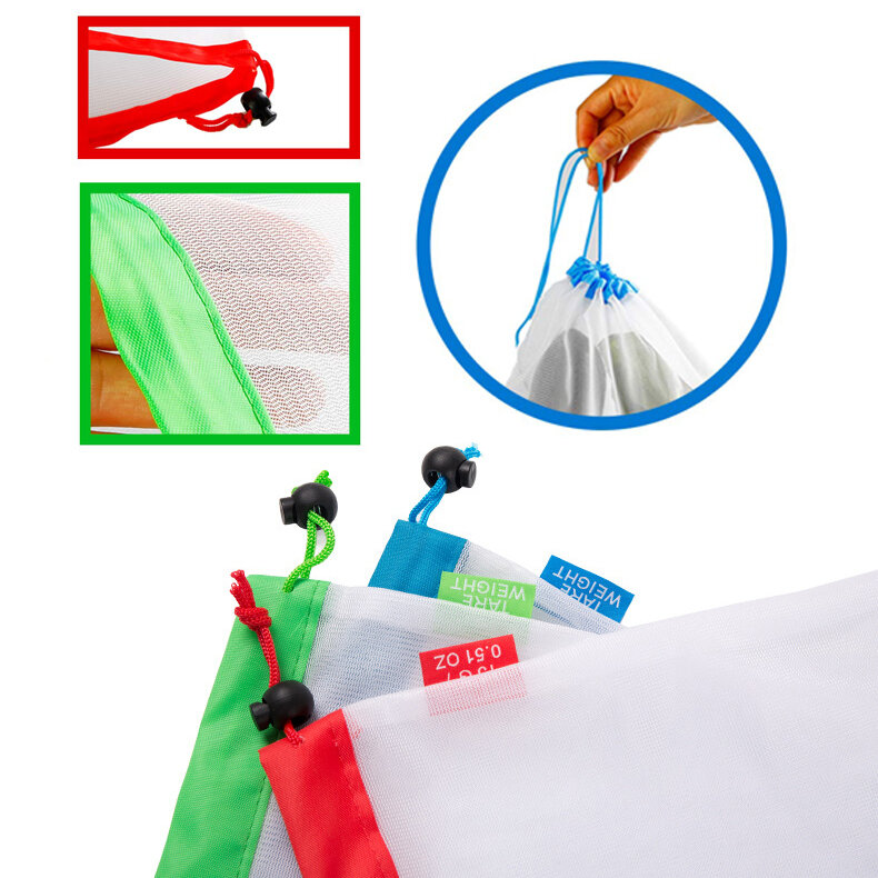 Malla reutilizable-bolsas de malla respetuosas con el medio ambiente, bolsas con etiquetas de peso y cordón, para frutas, verduras y juguetes, 12 unidades