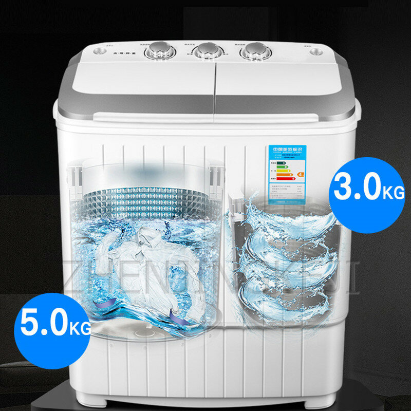 5กก.ขนาดเล็ก Mini เครื่องซักผ้าบ้าน Barrel กึ่งอัตโนมัติแบบพกพา Dehydration ปั่นแห้งเครื่องซักผ้าเครื่องใ...