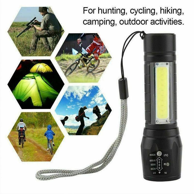 Lampe de poche Portable à LED T6 COB, Rechargeable, batterie intégrée, Zoom, 4 modes, torche d'urgence étanche