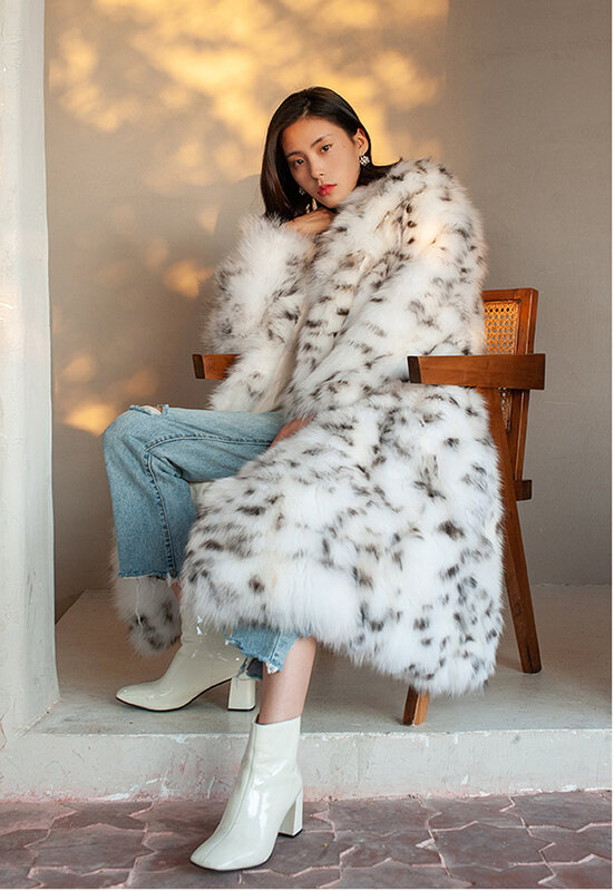 ใหม่ S/9Xl ผู้หญิงฤดูหนาวสีขาว Hairy ขน Faux Fox Fur Leopard เสื้อแขนยาว Furry ผู้หญิงเข่าความยาวแจ็คเก็ต K1387