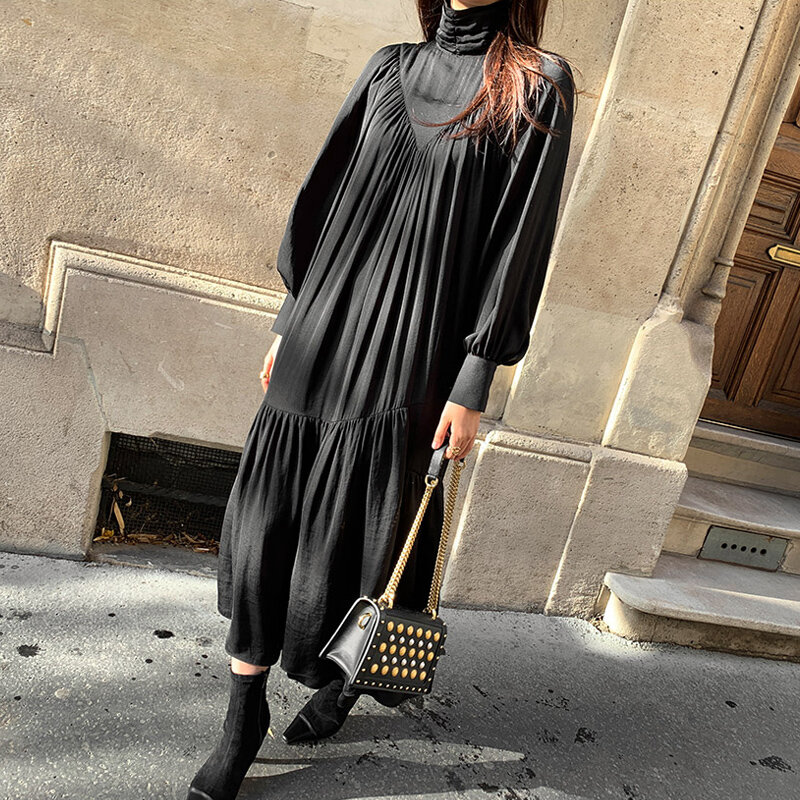 Женское винтажное платье-миди с высоким воротником, свободное платье-трапеция с длинным рукавом, весна-осень 2021