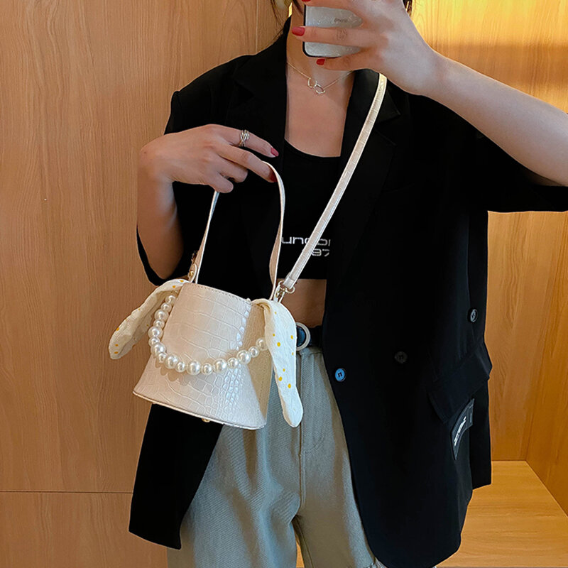 Popular Alligator Tote Bag For Women Pearl Beaded Bucket Messenger Bag Fashion Ribbon Design Solid PU Leather Crossbody BagX236H