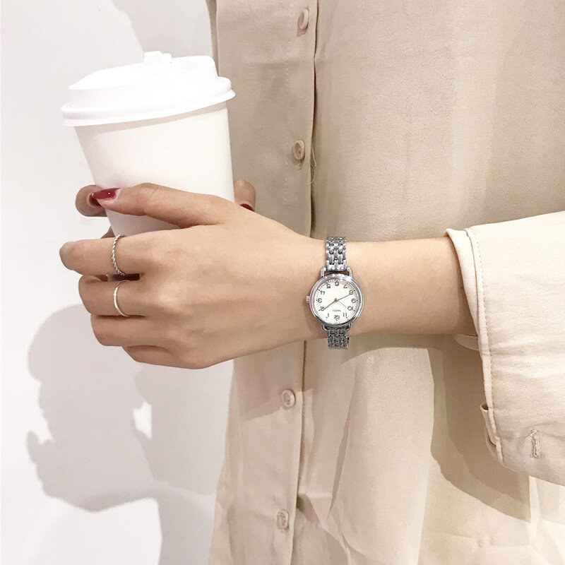 Rosa de ouro liga prata relógios femininos moda casual feminino quartzo relógios com simples número dial retro senhoras relógio w9837