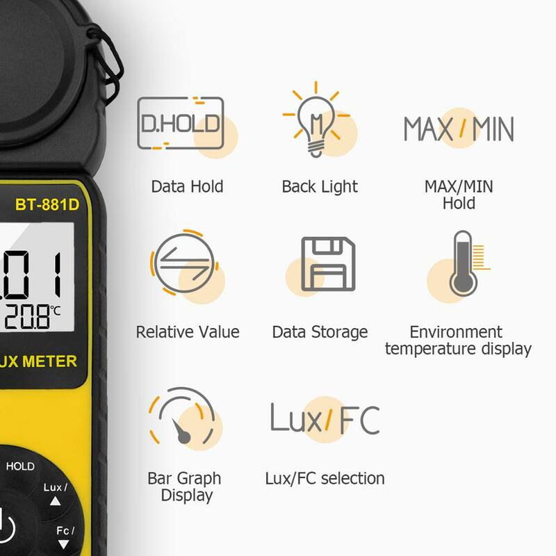 BTMETER Digital Illuminamento Light Meter Lux Meter di Misura 0.01 ~ 400,000 Lux Temperatura con 270 ° Ruotato Luce del Sensore Tester