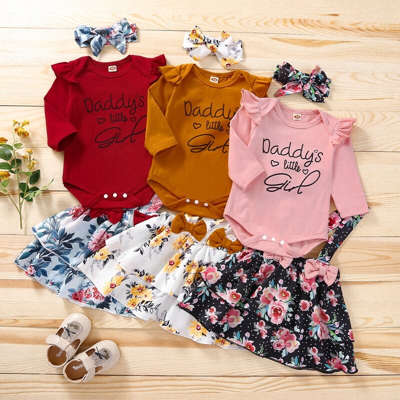 3PCS Baby Mädchen Outfit Set Neugeborenen Kleinkind Mädchen Kleidung Blume Drucken Langarm Romper Body + Rock + Stirnband infant Baby Anzug