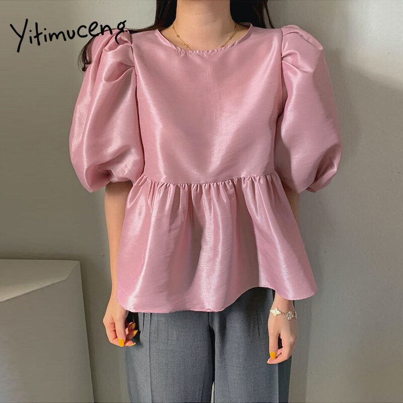 Yitimuceng simples blusa feminina oversized bebê camisas coreano moda puff manga escritório senhora damasco preto rosa topos 2021 verão