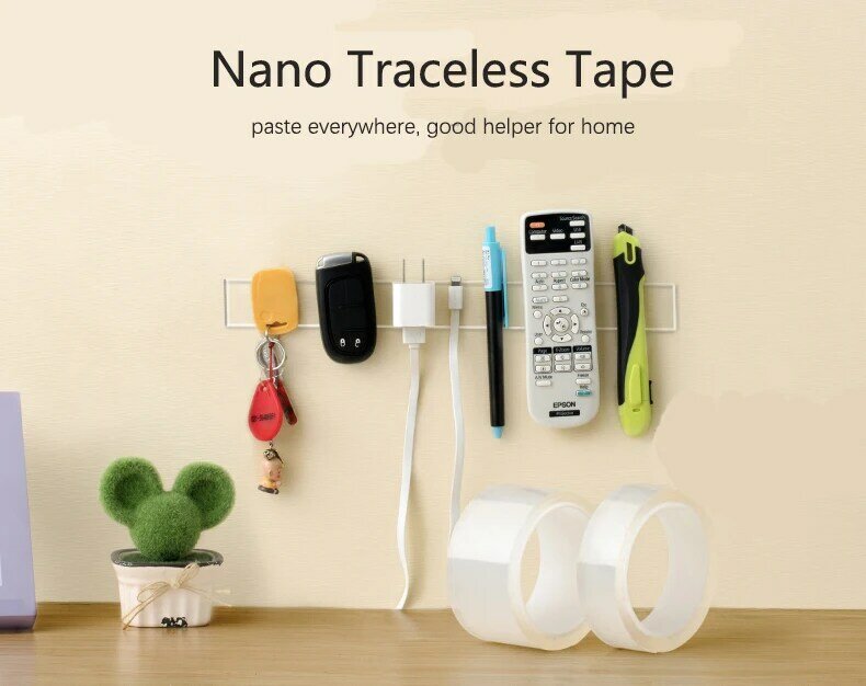 ナノ-家庭用粘着テープ,3m,両面粘着テープ,透明,痕跡なし,再利用可能,防水,ピンク