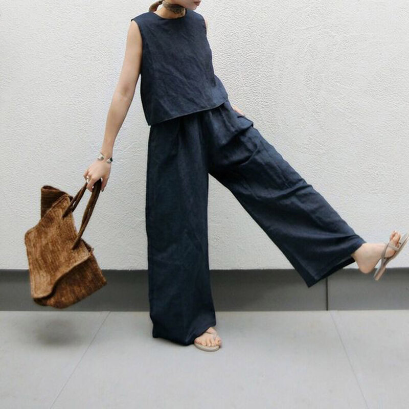 Ensemble deux pièces de Style japonais pour femmes, pull ample, col rond, sans manches, jambes larges simples, couleur unie, décontracté