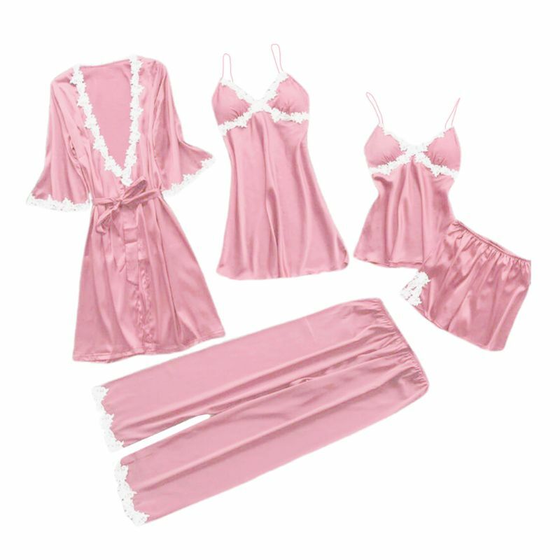 5Pcs Women Lace Pajamas Set Sexy V-Neck Floral Camisole Summer Sleepwear X3UE