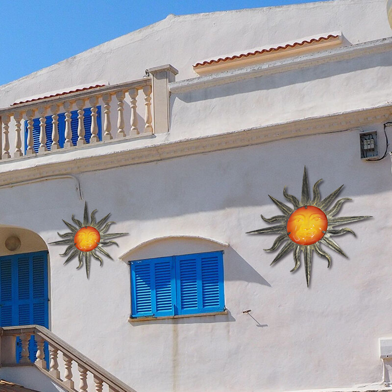 2 pezzi di arte della parete del sole in metallo con vetro per la casa e il giardino ornamenti per la decorazione esterna e statue di miniature esterne da giardino