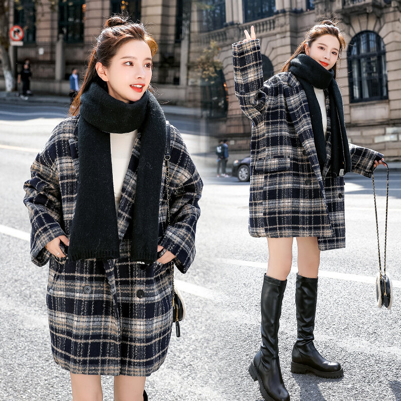 오버 코트 여성 격자 무늬 울 코트 여성용 중간 길이 2021 가을/겨울 한국 스타일 느슨한 두꺼운 모직 코트