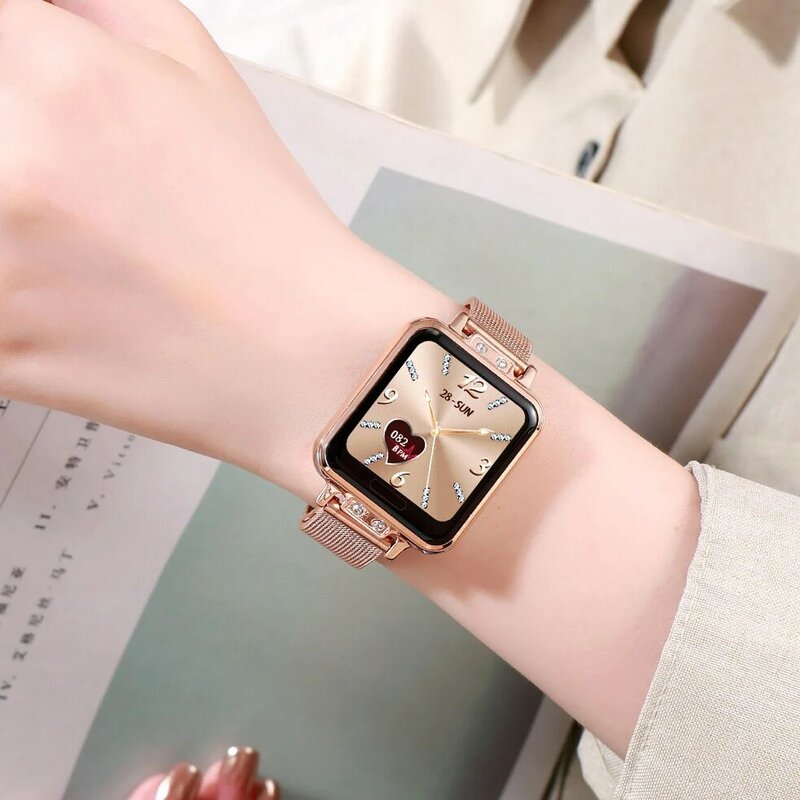 Smart watch quadrado feminino de alta qualidade, moderno, em aço inoxidável, à prova d'água, pulseira de saúde, frequência cardíaca, pedômetro, bluetooth