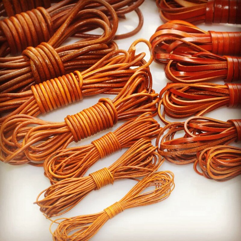 Corda de couro vintage para colar, cordas naturais com contas planas e vintage de 1.5-10mm, acessórios para fazer joias diy