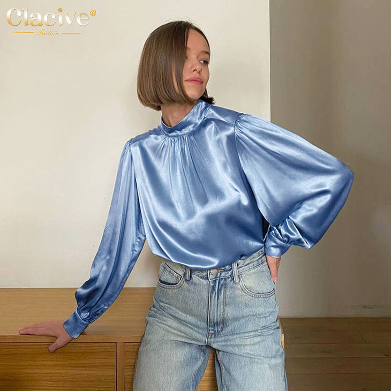 Clacive Autumn Blue Satin Women'S Shirt 2021 Fashion Stand Collar Long Sleeve Office Blouses Elegant Slim Ruched Top Female