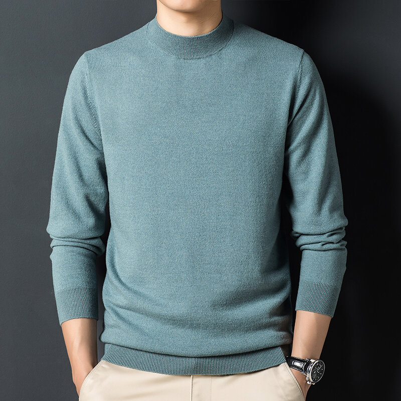 Suéter masculino de lã pura com gola semi-tartaruga, versão coreana de suéter fino de tamanho grande para outono e inverno